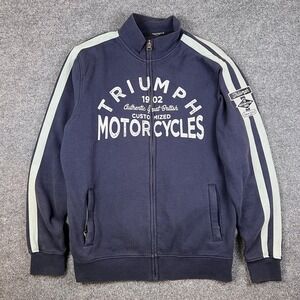 Triumph Motorcycles Jacket Mens L Blue Full Zip Sweatshirt Racing Patches